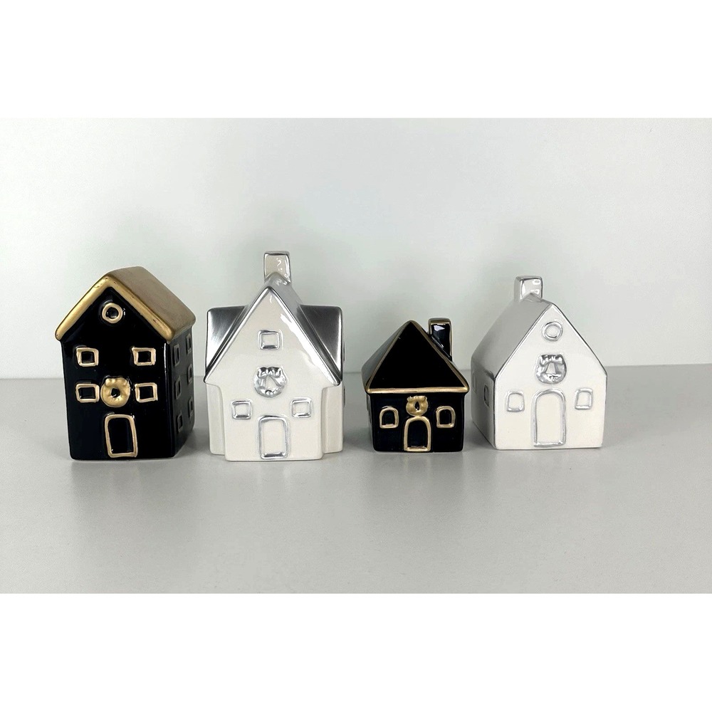 Becki‎ Owens Ceramic Christmas Village Houses Decor Set Of 4  Black White Gold